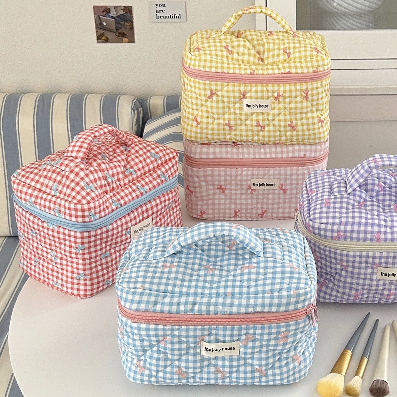 Cute Checkered Bow Makeup Bag  - Skincare B Erl ulasan dan harga