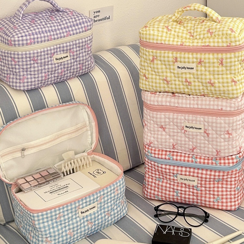 Cute Checkered Bow Makeup Bag  - Skincare B Erl ulasan dan harga