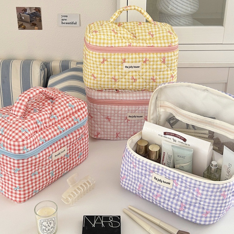 Cute Checkered Bow Makeup Bag  - Skincare B Erl ulasan dan harga