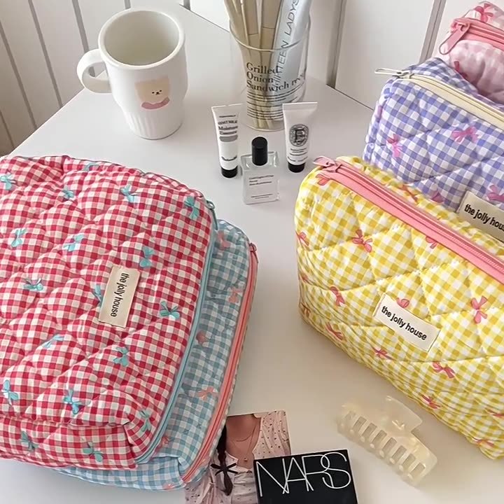Cute Checkered Bow Makeup Bag  - Skincare B Erl ulasan dan harga